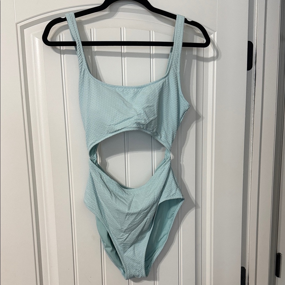 aerie Light Blue Textured Cutout One-Piece Swimsuit